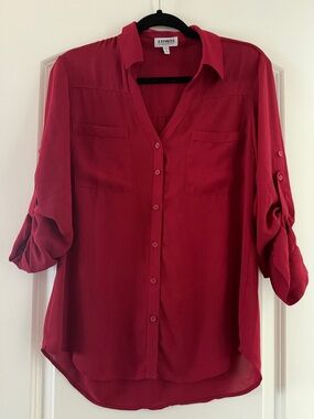 Express Crimson Red Button-Front Roll Tab Blouse
